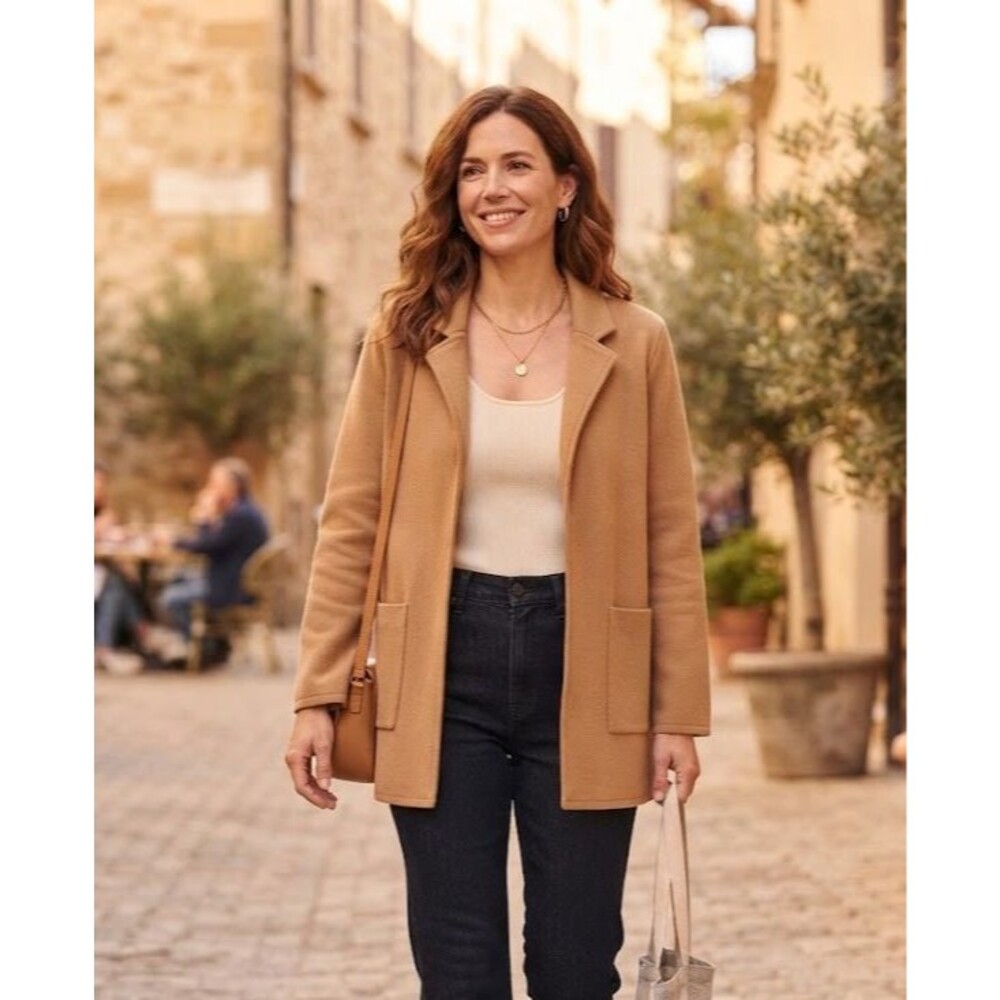 Quince 100% Organic Cotton Knit Blazer Camel Large Sweater Jacket